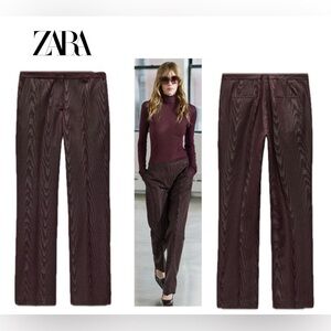 Zara Pants Womens Medium Moire Effect ZW Collection Burgundy Flat Front NWOT